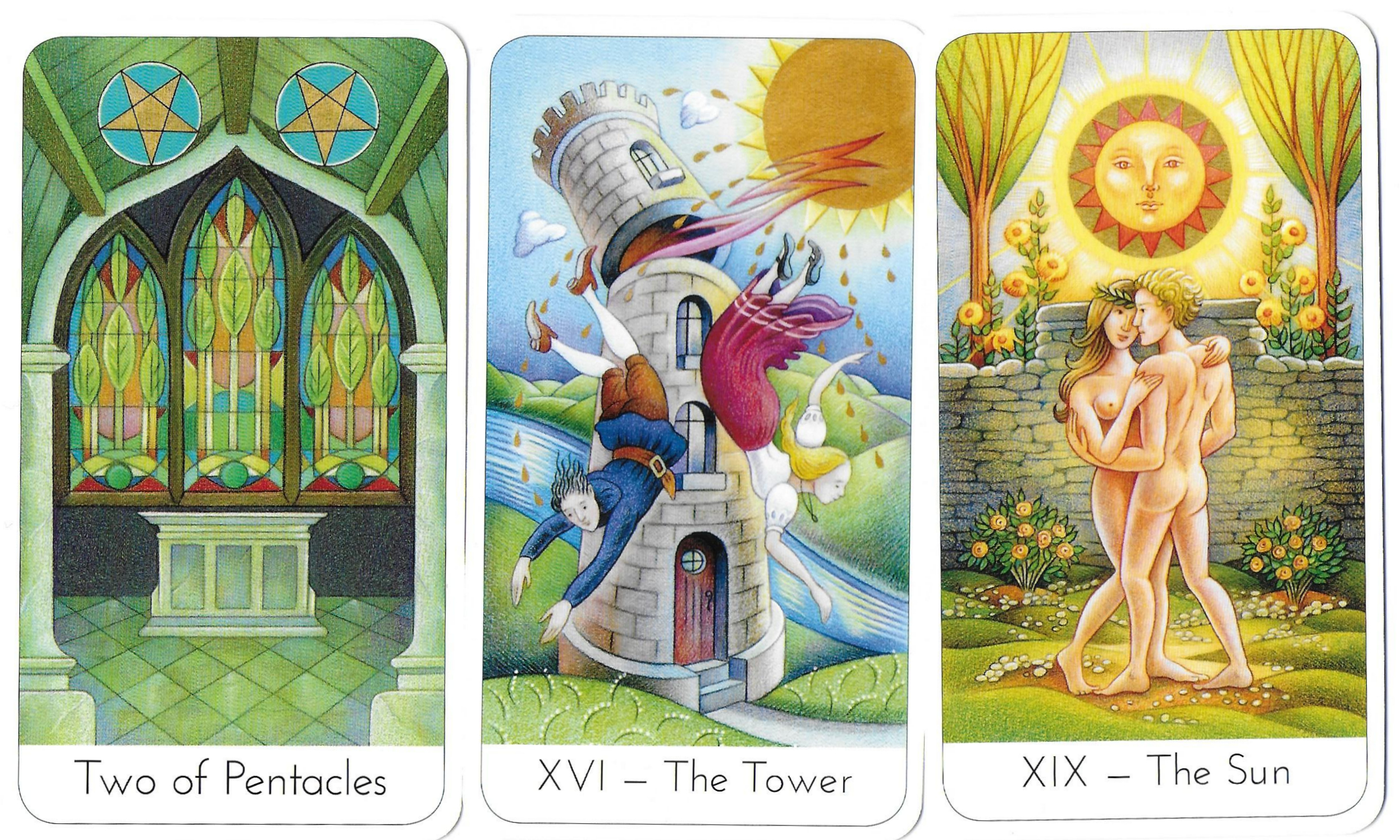 In this example reading we have the Two of Pentacles on the left and the Su...